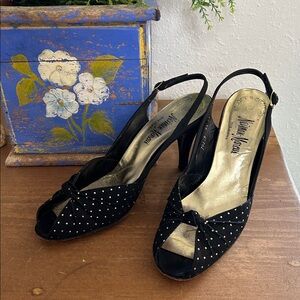 Vintage 1970’s Black & Gold Polka Dot Slingback Heels